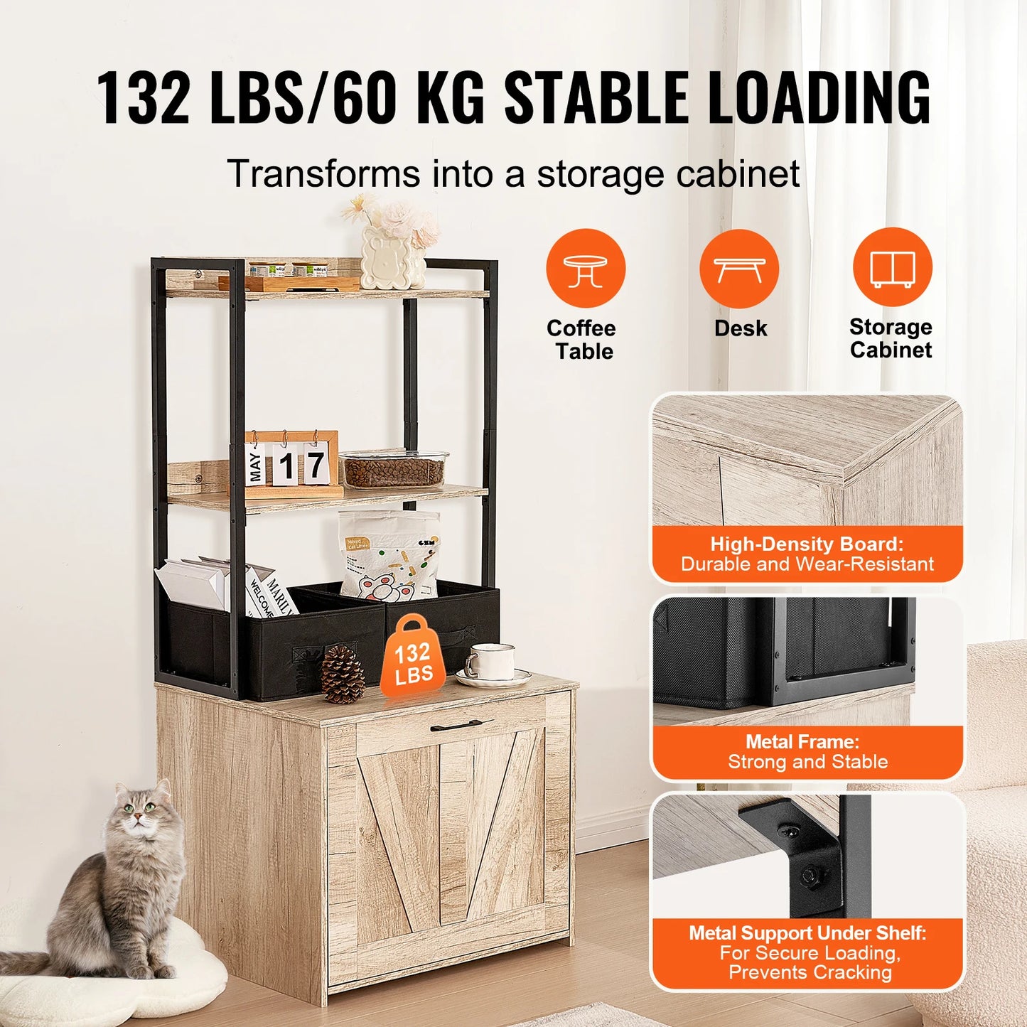 SucceBuy Cat Litter Box Enclosure Hidden Litter Box Furniture with 2 Storage Shelves& 2 Baskets Wooden Cat Washroom Indoor House