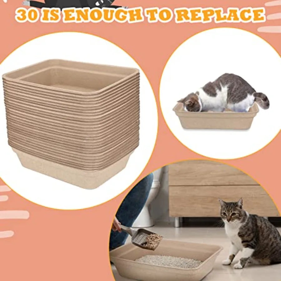 30 Pack Disposable Paper Cat Litter Boxes 16.7 x 12.8 x 4.1 Inch Portable Litter Trays for Cats Kittens Hamsters Guinea Pigs Mi