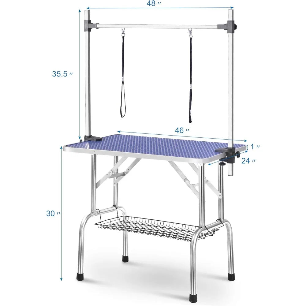 Pet Dog Grooming Table, Adjustable Large Heavy Duty Professional Foldable Trimming Stage with Arms, Noose, Mesh Tray