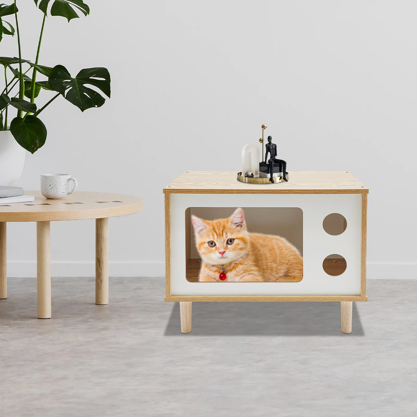 TV Stand Cat House and Mid Century Modern Cat Bed Indoor - Solid Wood Pet Furniture with Scratching Posts for Multiple Cats