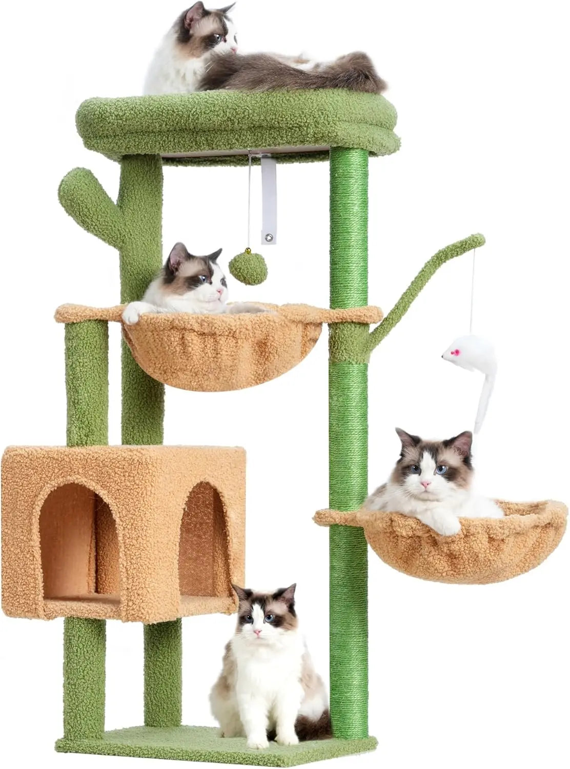 Cat Tree 39.4' Cactus Tower with Scratching Post, Sisal Pole, Soft Platform, 2 Baskets, Dangling Toy, Green/Yellow