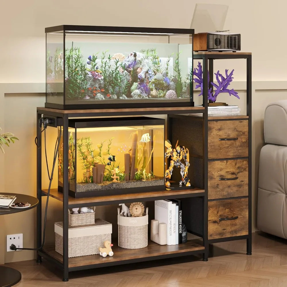 20 Gallon Aquarium Stand with Power Outlets, Fish Tank Stand with 3 Drawers, Metal Frame, Heavy Duty, Reptile Tank Stand with 3-