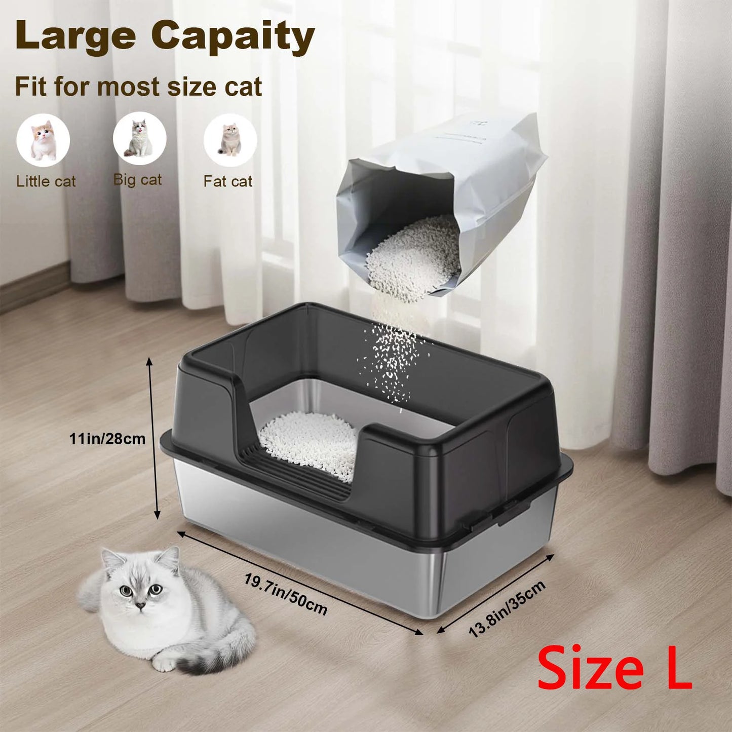 Stainless Steel Litter Box With Lid High Sided Litter Box Suitable For Middle and Small Cats Splash-Proof Cat Litter Box