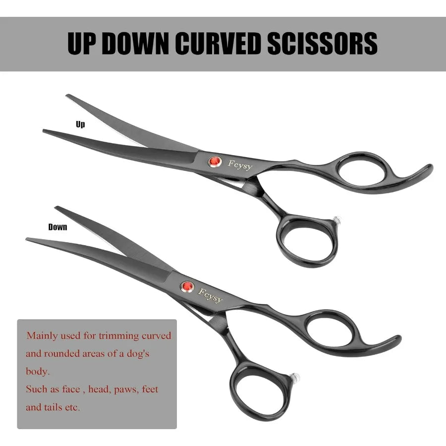 Dog Grooming Scissors Kit Professional Pet Hair Cutting Shears Set with Curved Straight Blades Scissors Thinning Shears Stainle
