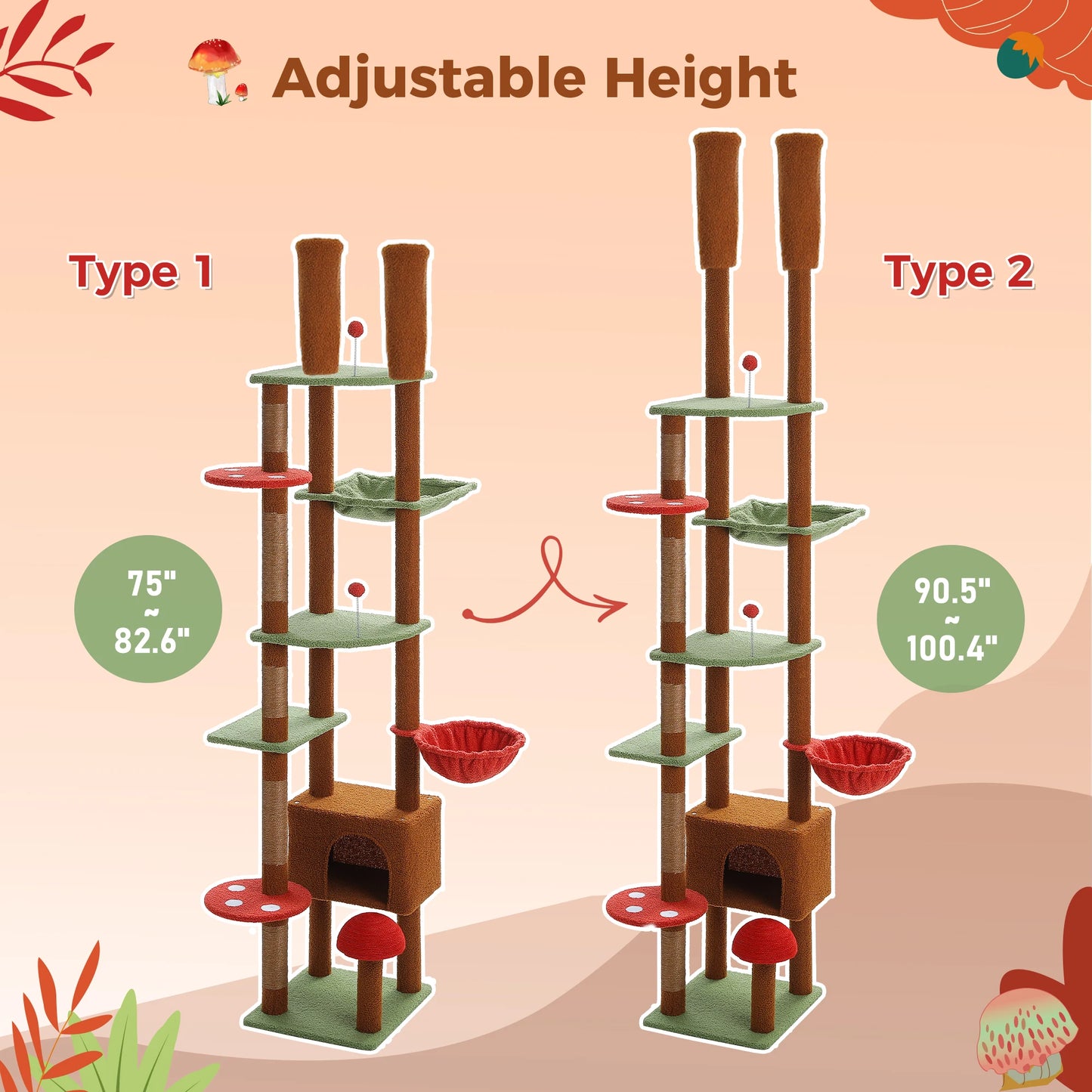 Height Adjustable Wooden Cat Tree with Large Hammock Sisal Scratching Posts Floor to Ceiling Cat Tower Cozy Cat Condo for Indoor