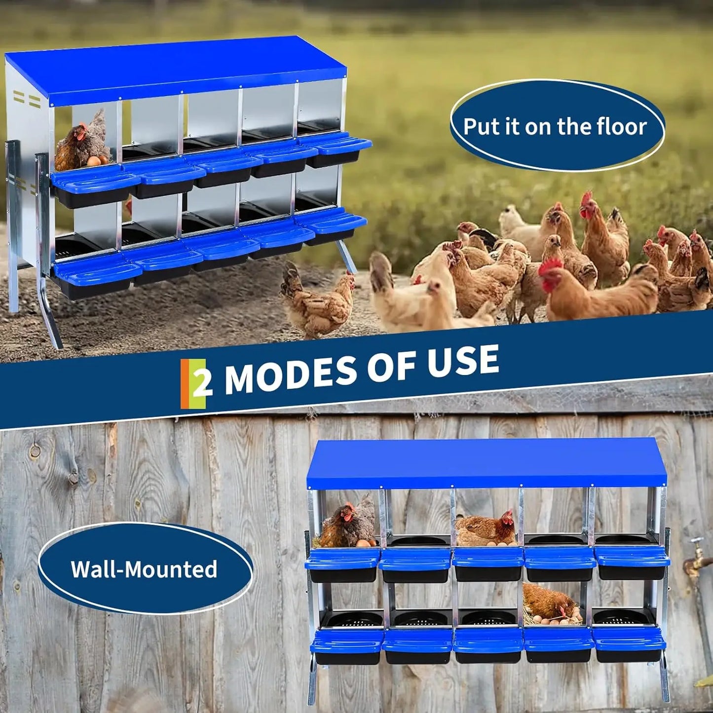 2-Tier Heavy Duty Metal Chicken Nesting Box 6/8/10 Compartment Roll Away Waterproof Roof Rust-Resistant Hen Coop Nest