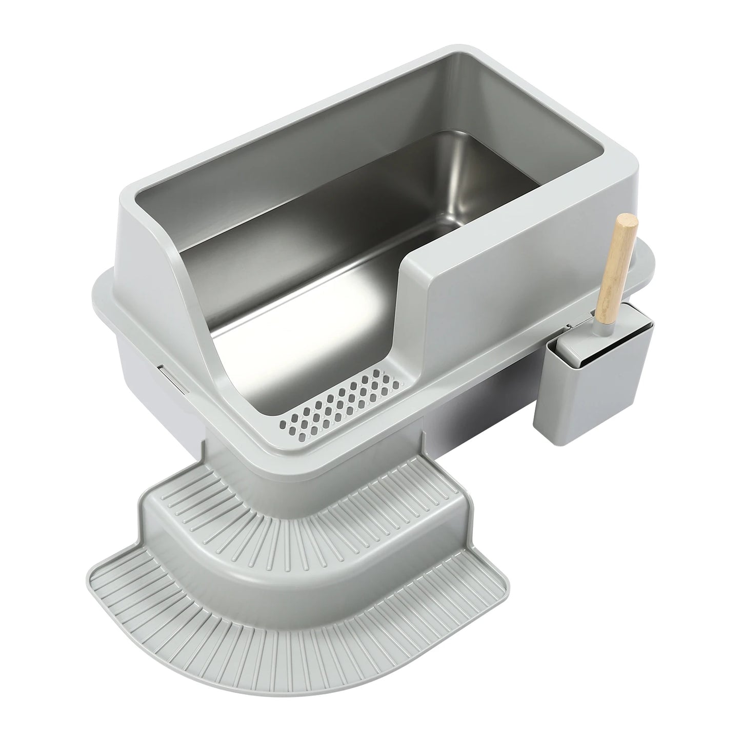 Light Grey Cat Litter Box—Stainless Steel/ABS 18.16Qt Capacity+High Sides 2-Step Stair+Litter Leak Pedal Fits Cats Up To22.05lbs