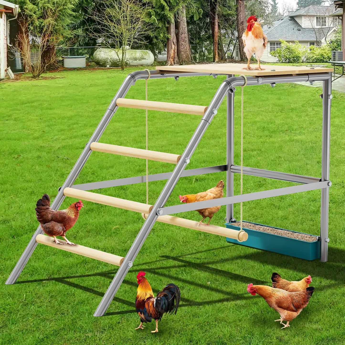 Multi-Tier Chicken Roost Galvanized Steel Perch With Wooden Rungs Durable Poultry Ladder For Hens Indoor Outdoor Coop Accessory