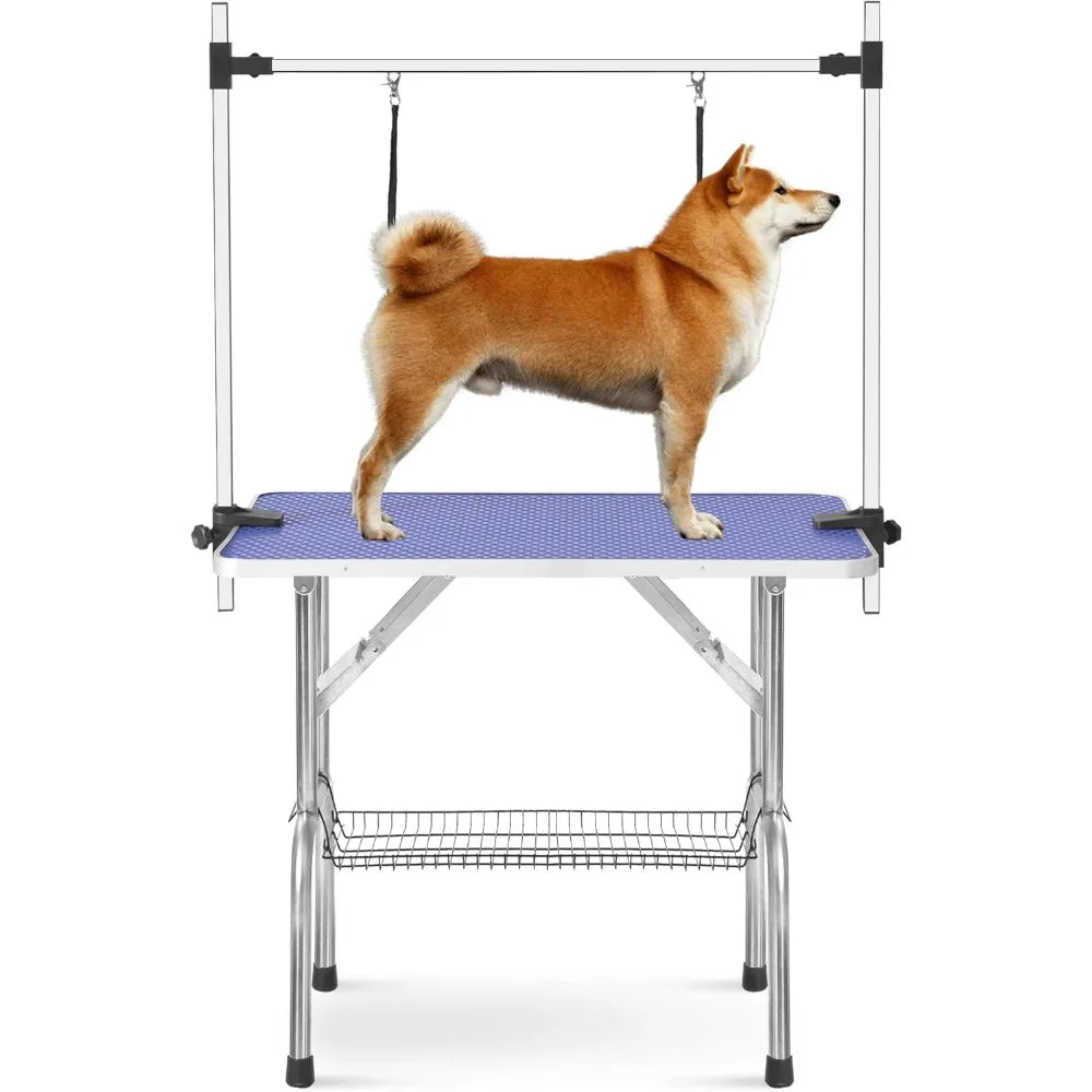 Pet Dog Grooming Table, Adjustable Large Heavy Duty Professional Foldable Trimming Stage with Arms, Noose, Mesh Tray