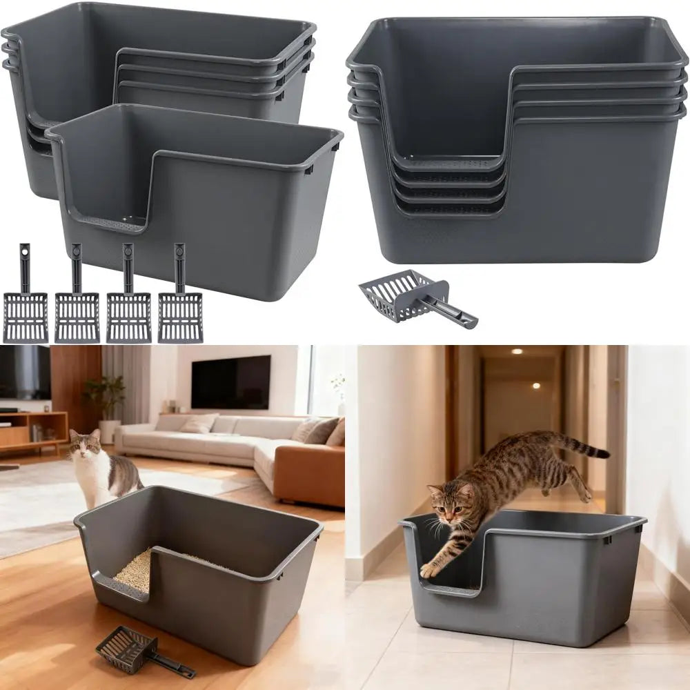 Large Anti-Splash Litter Box with High Sides for Cats, Open Top Design, Spacious Grey Pet Litter Tray with Large Capacity