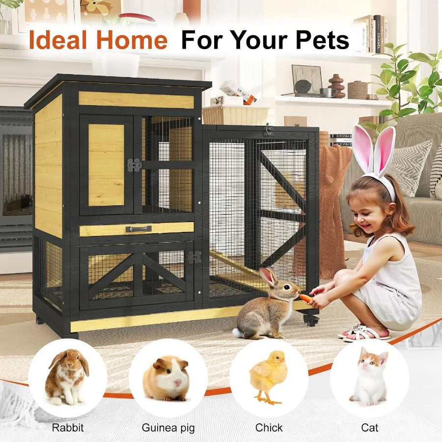 40'' Rabbit Cage for Indoor and Outdoor Use 2Story Wooden Hutch with Wheels and Two Deep LeakProof Trays Waterproof Openable Ro