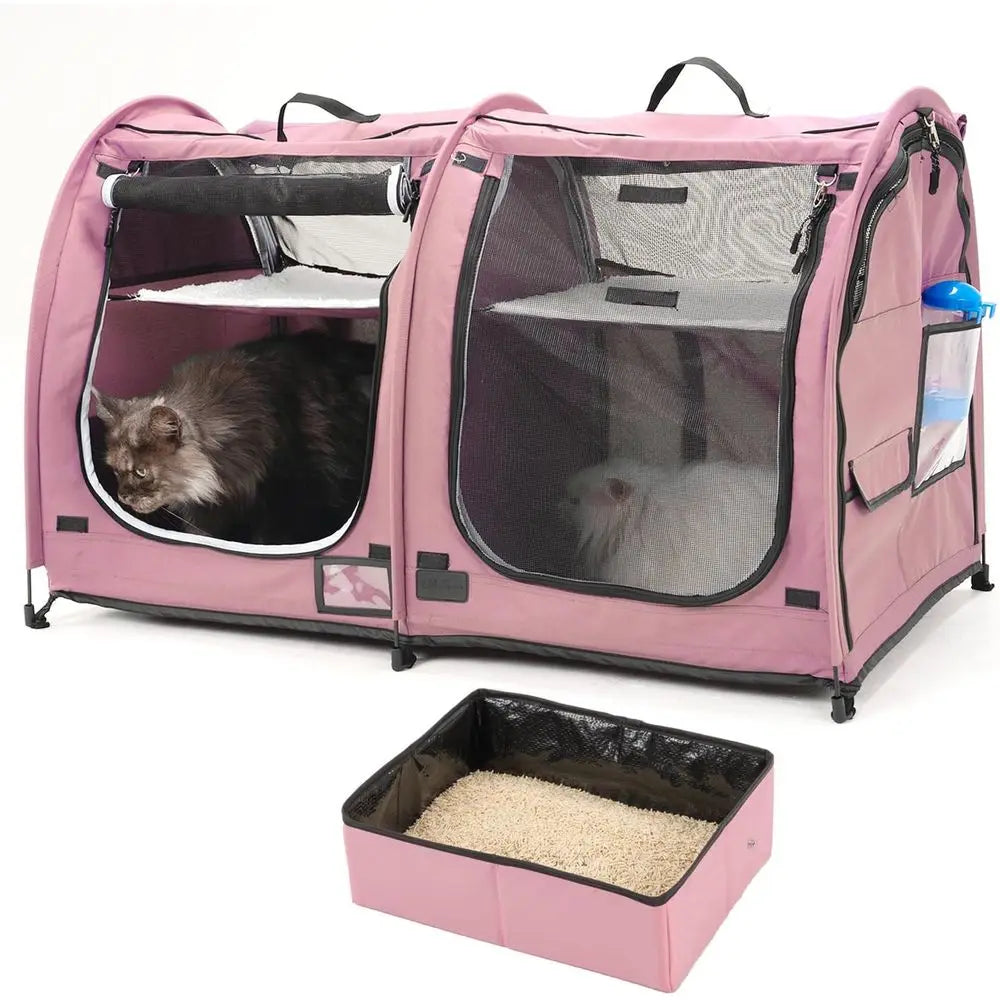 Twin Compartment Show House Cat Cage Condo,Comfy Puppy Home Dog Travel Crate with Carry Bag/2Hammocks/Mats&Collapsible Litter