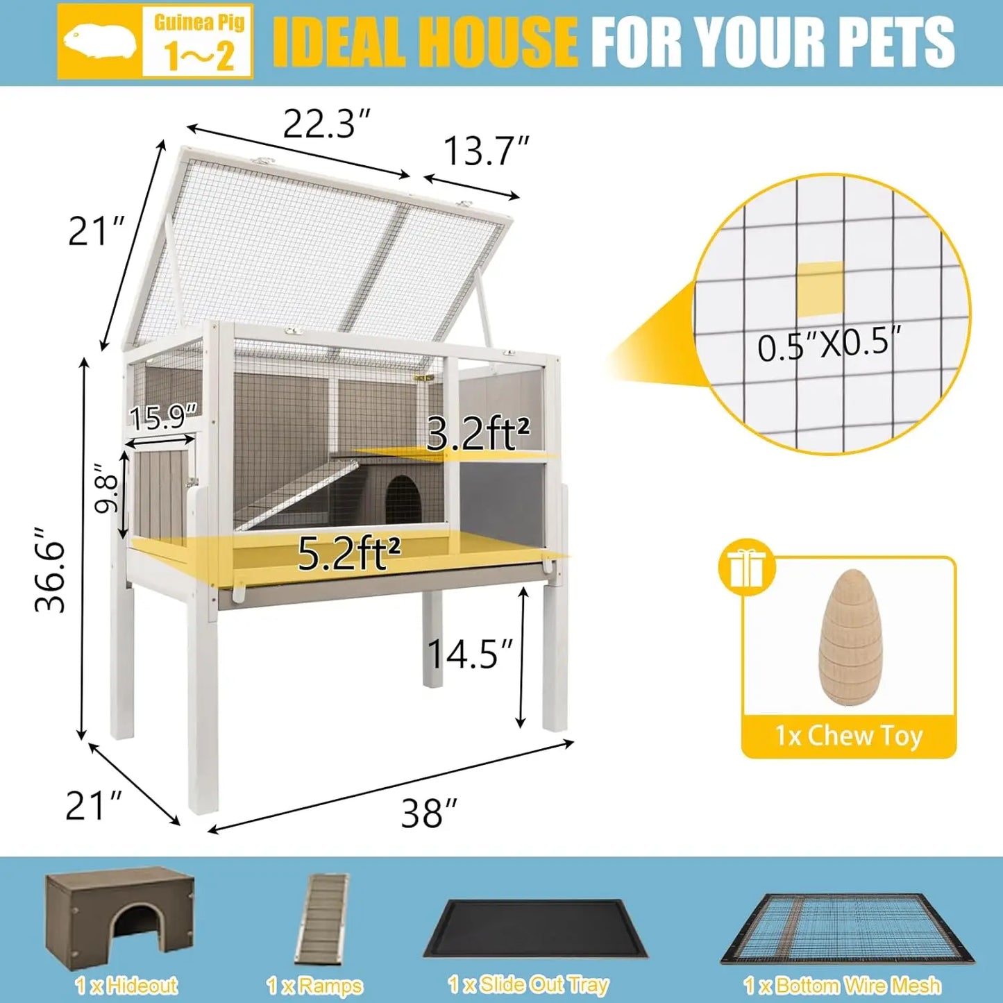 Guinea Pig Cages Indoor, Wooden Guinea Pig Cages with Stand, Rabbit Cage Hutch with Ramp and Hideout, Small Animals Cage Habitat