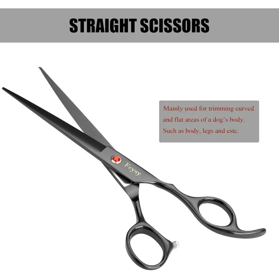 Dog Grooming Scissors Kit Professional Pet Hair Cutting Shears Set with Curved Straight Blades Scissors Thinning Shears Stainle