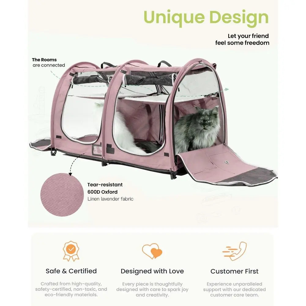 Twin Compartment Show House Cat Cage Condo,Comfy Puppy Home Dog Travel Crate with Carry Bag/2Hammocks/Mats&Collapsible Litter