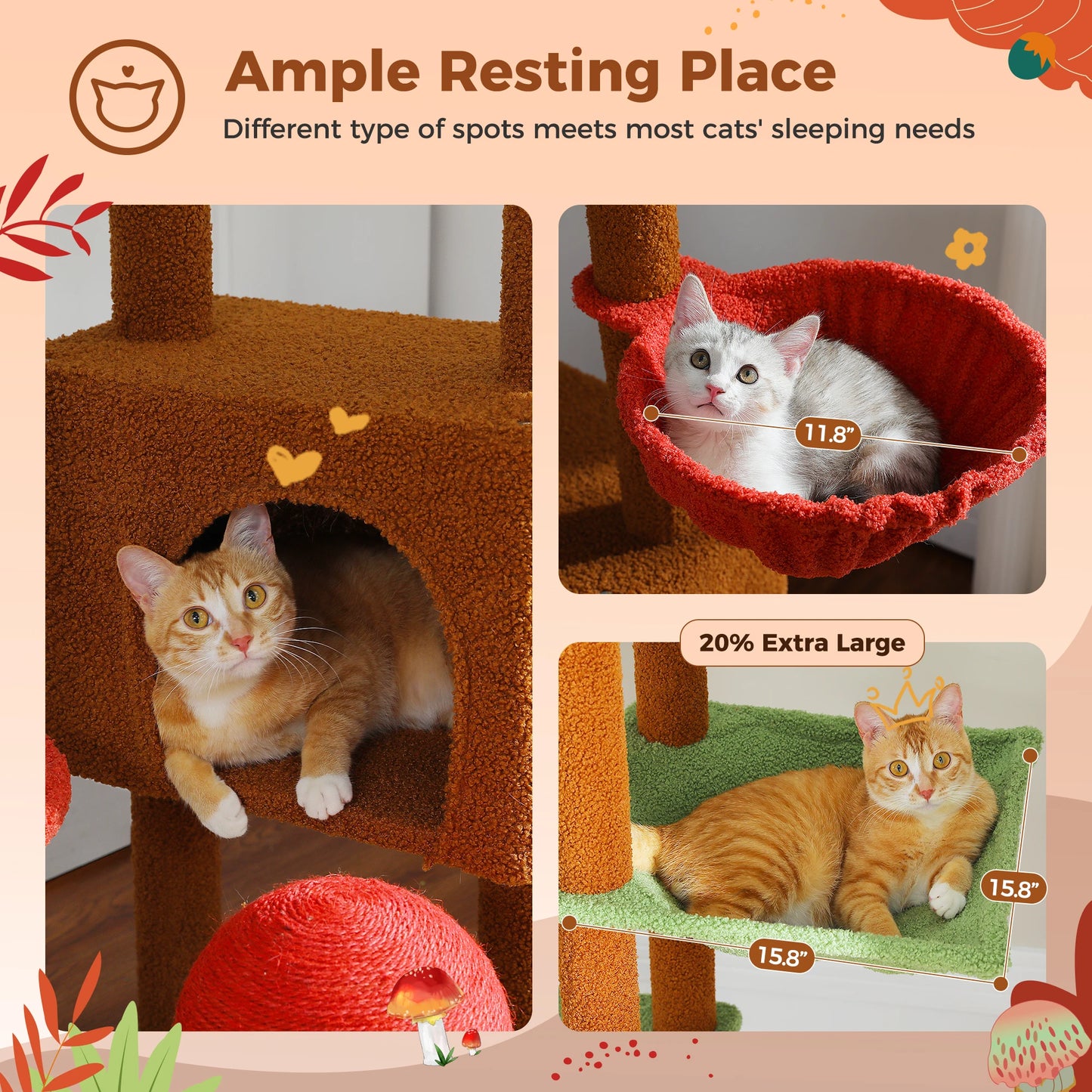 Cat Tree Floor to Ceiling Cat Tower Adjustable Height with Cat Condo Cozy Hammock and Scratching Post Tall Activity Tree Borwn