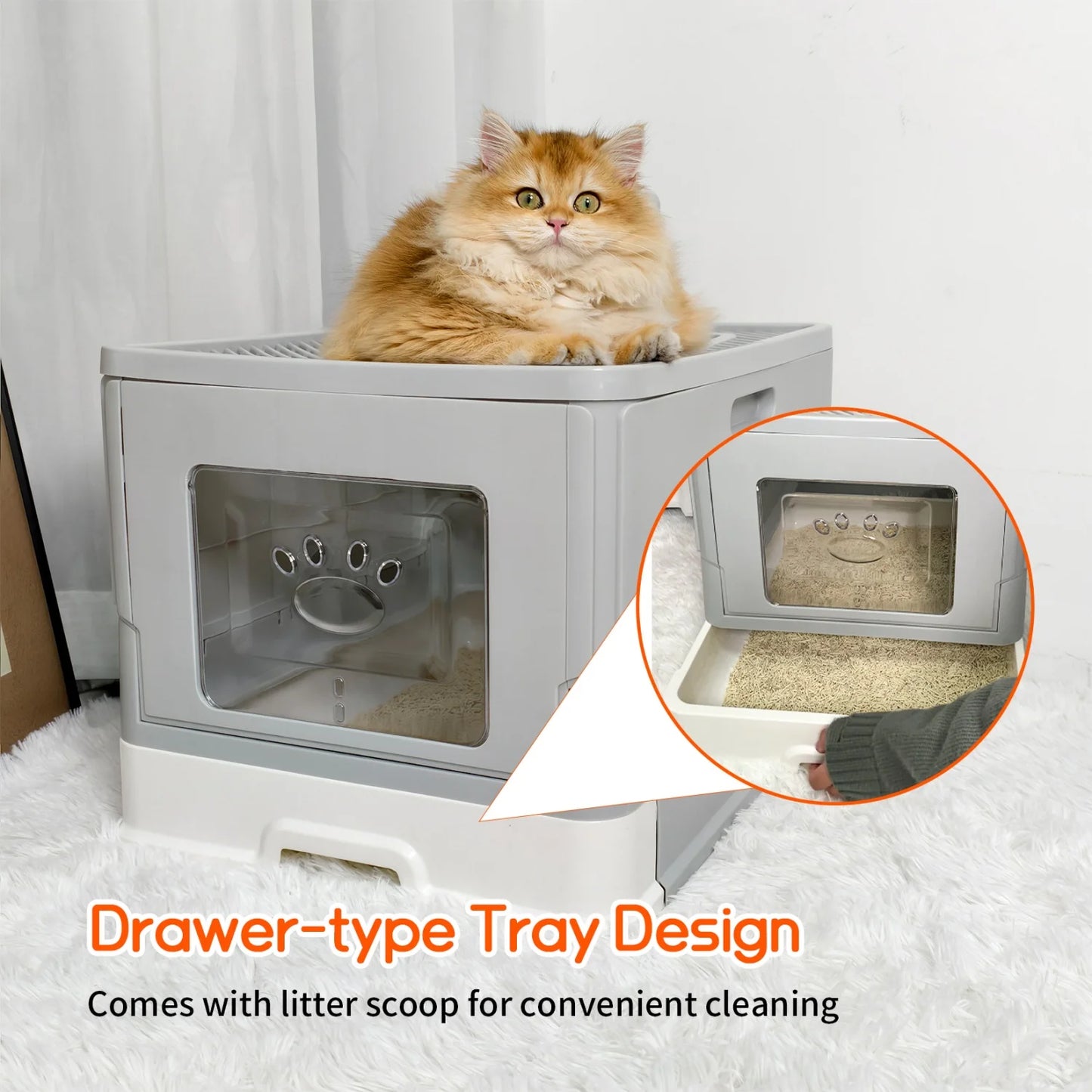 Extra Large Drawer Cat Litter Box with Scoop Anti-Leakage Front Entry Top Exit Kitty Toilet Tray Easy Clean