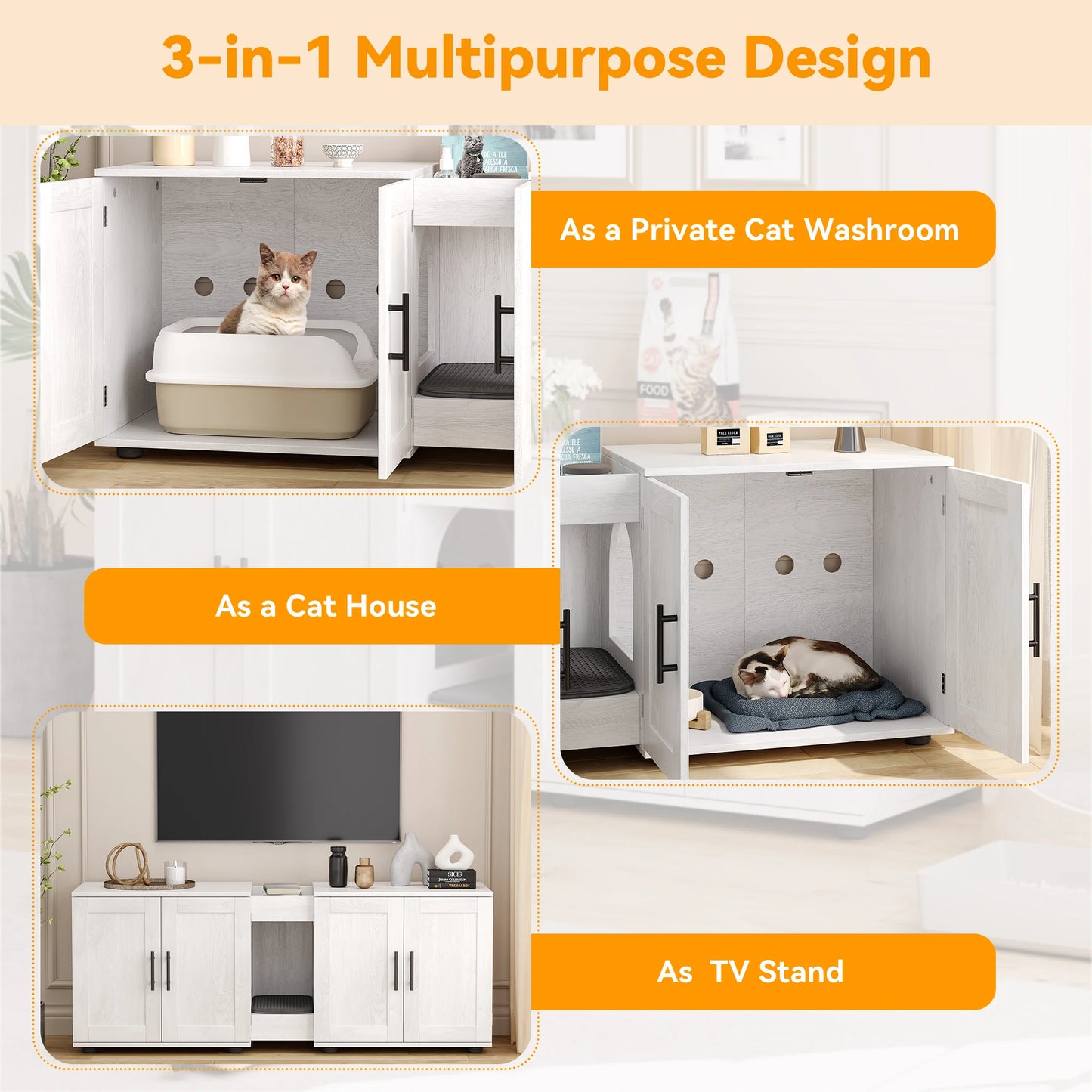 Double-Room Cat Litter Box Enclosure Furniture for 2 Cats - Wooden Design Discreet Home Decor Solution with Integrated Storage