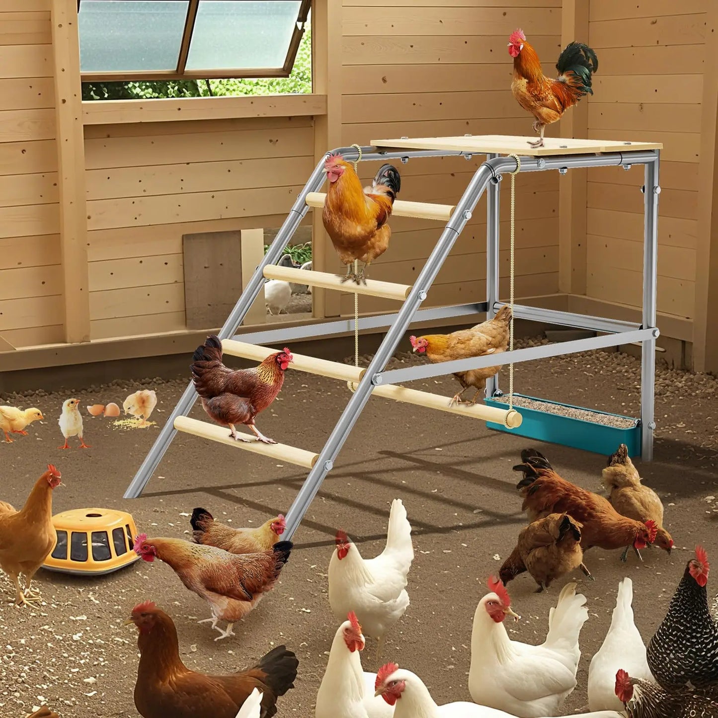 Multi-Tier Chicken Roost Galvanized Steel Perch With Wooden Rungs Durable Poultry Ladder For Hens Indoor Outdoor Coop Accessory