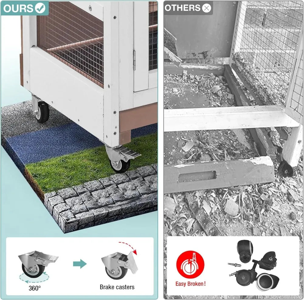 Rabbit Hutch Indoor Bunny House Guinea Pig Cage with Sliding Plastic Trays, Wheels & Ramp, Multi-Door Wooden Small Animal Cage