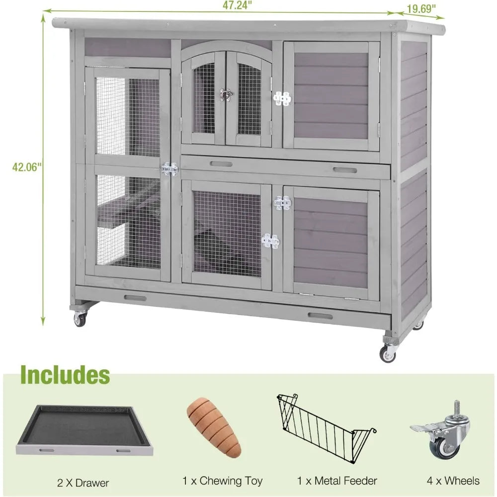 Rabbit Hutch Indoor Outdoor Bunny House Guinea Pig Cage on Wheel with Plastic Tray 47inch