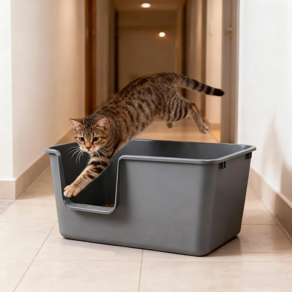Large Anti-Splash Litter Box with High Sides for Cats, Open Top Design, Spacious Grey Pet Litter Tray with Large Capacity