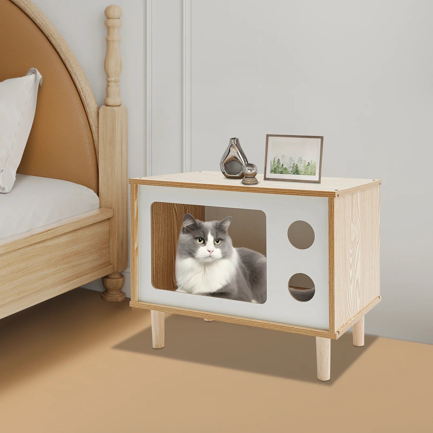 TV Stand Cat House and Mid Century Modern Cat Bed Indoor - Solid Wood Pet Furniture with Scratching Posts for Multiple Cats