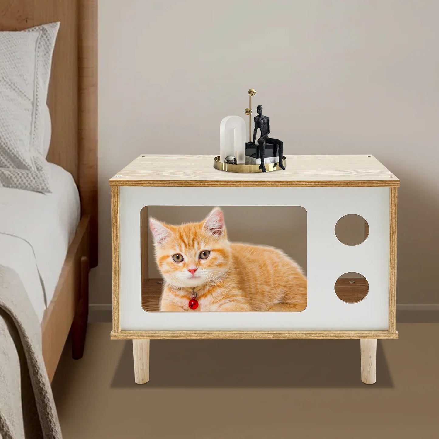 TV Stand Cat House and Mid Century Modern Cat Bed Indoor - Solid Wood Pet Furniture with Scratching Posts for Multiple Cats