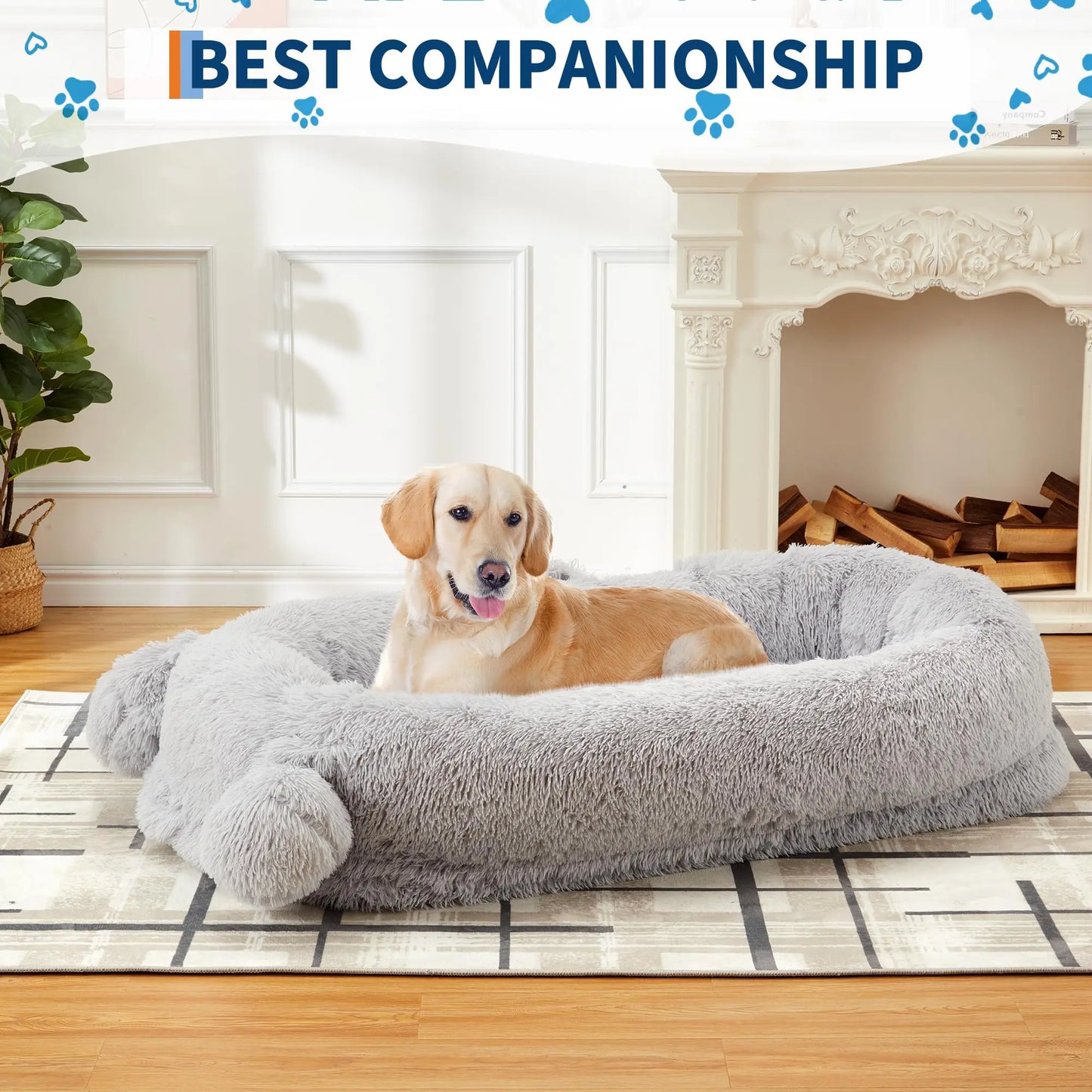 71" Large Human Size Dog Bed For Adults & Pets Removable Washable Cover Storage Pockets & Matching Blanket For Napping